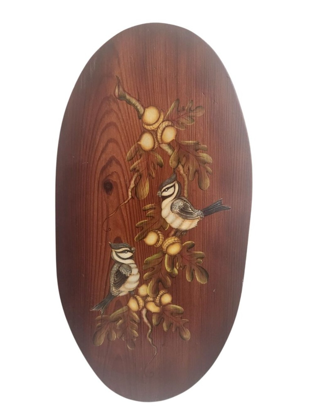 Hand-Painted Oval Wood Plaque With Birds & Acorns Wall Art Decoration
